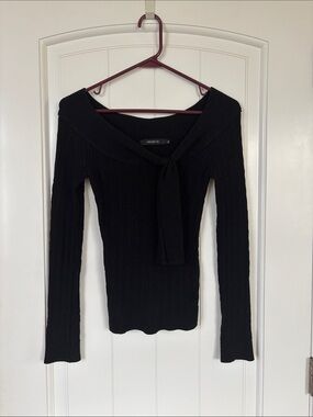 Arden B Black Off-Shoulder Cable-Knit Sweater with Sailor Tie
